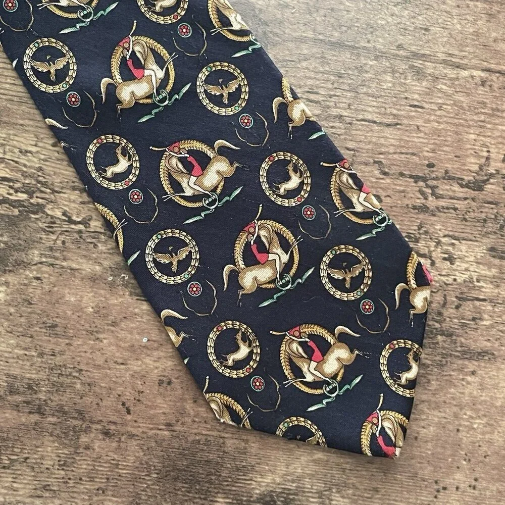 Vintage Salvatore Ferragamo Silk Tie Navy Blue Tan Red Heraldic Hunt Equestrian